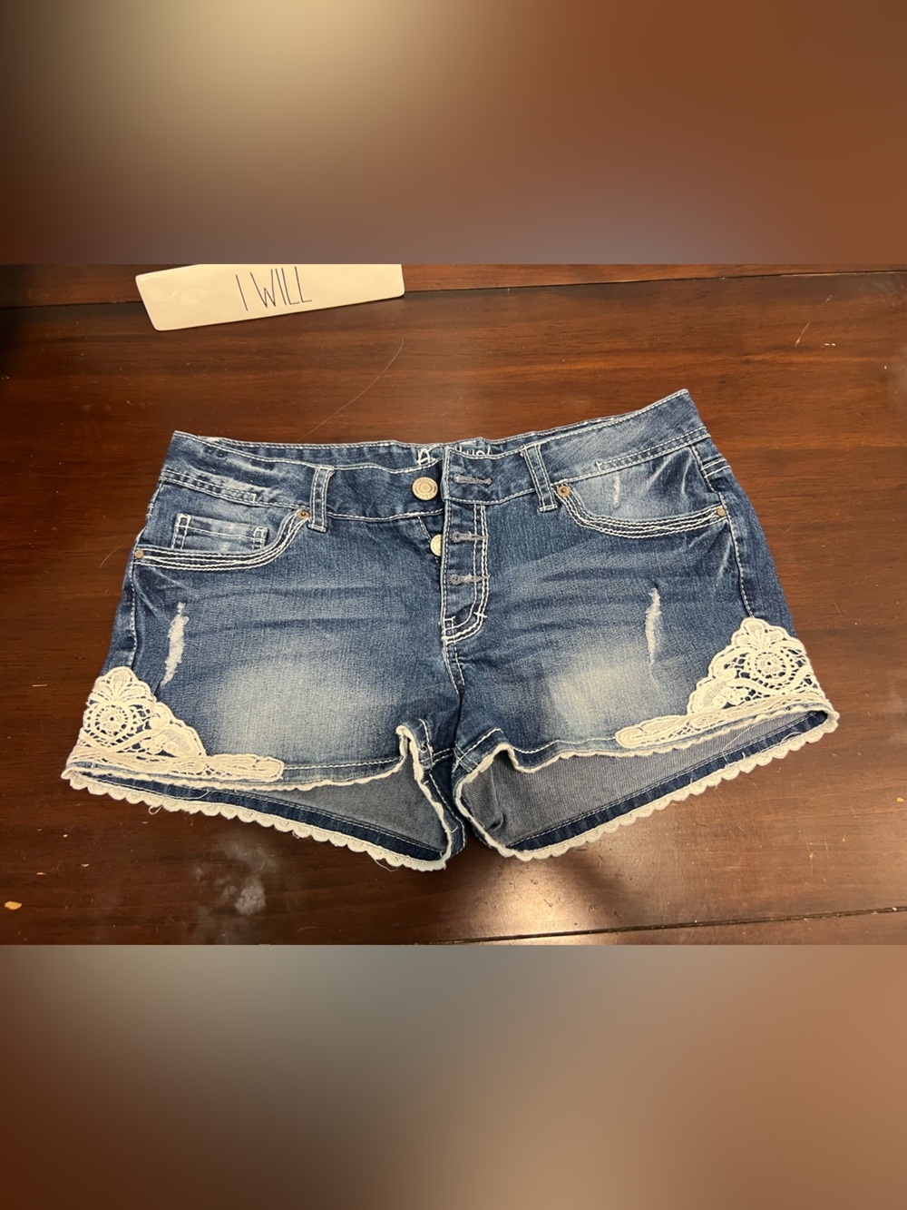 Amethyst Jeans Blue Denim Shorts with White Lace Trim